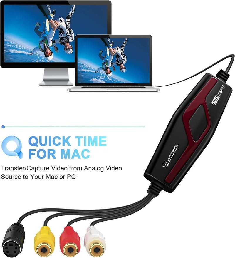 DigitPro Video Capture Card USB 2.0, RCA to USB Video Capture Device, Digital Video Converter to Save Digital Files for Your Mac OS X Windows 7 8 10 PC, One Touch VCR TV to DVD, Black - Image 2